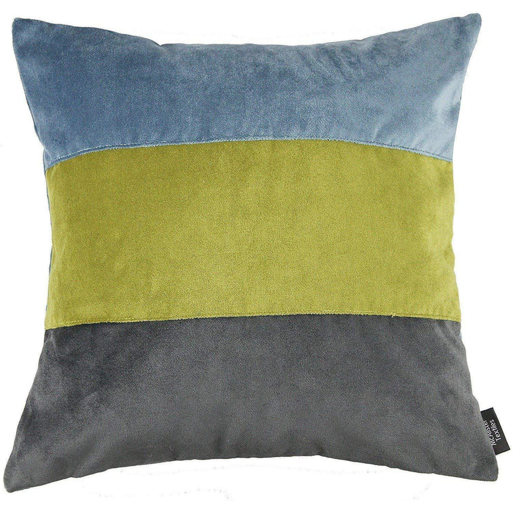 McAlister Textiles Straight Patchwork Velvet Blue, Green + Grey Cushion Cushions and Covers Cover Only 43cm x 43cm 
