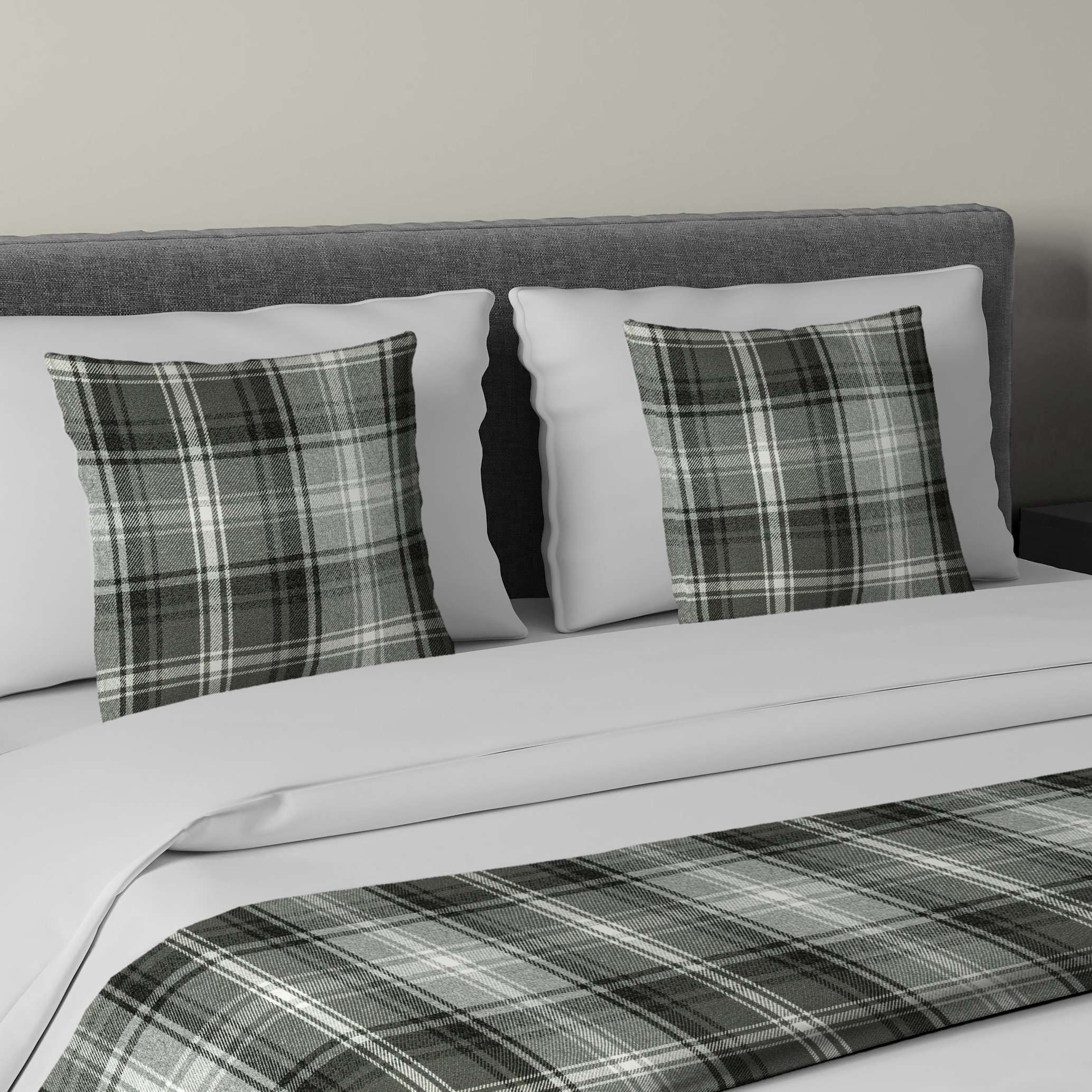 McAlister Textiles Angus Charcoal Grey Tartan Bedding Set Bedding Set Runner (50x240cm) + 2x Cushion Covers 