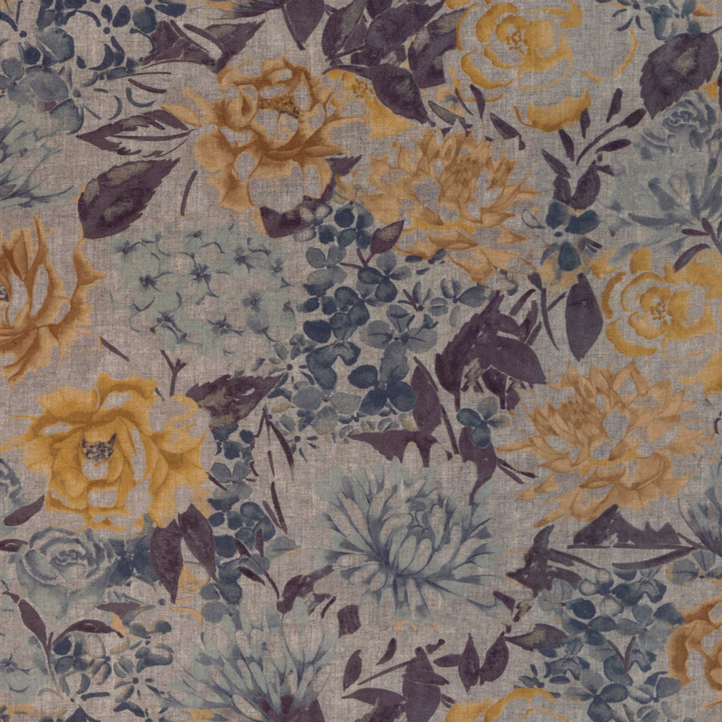 McAlister Textiles Blooma Blue, Grey and Ochre Fabric Fabrics 1 Metre 