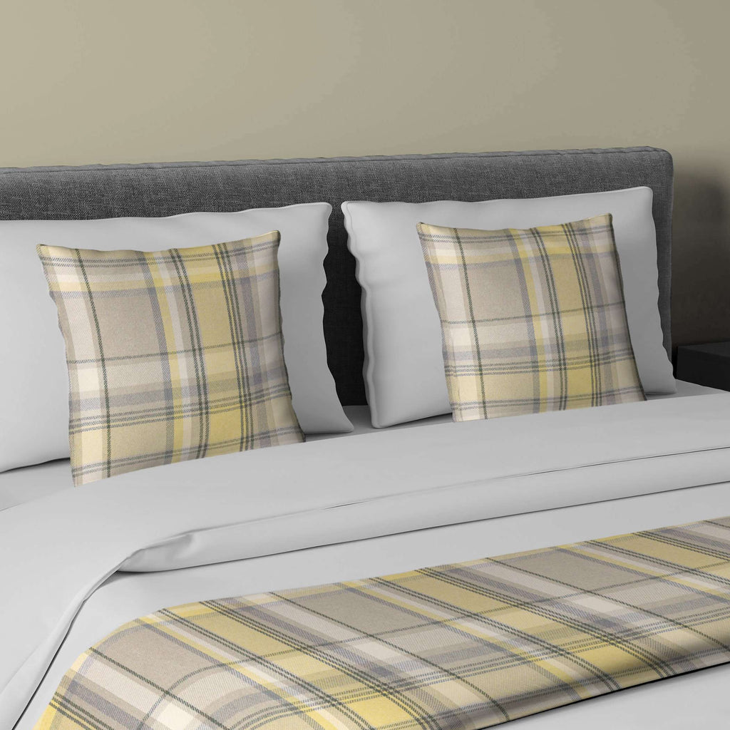 McAlister Textiles Heritage Yellow + Grey Tartan Bedding Set Bedding Set Runner (50x240cm) + 2x Cushion Covers 