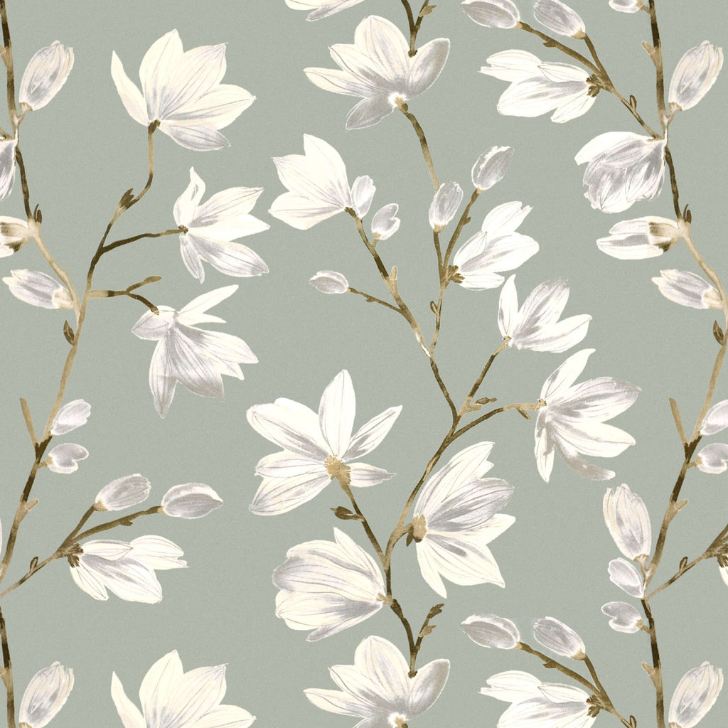 McAlister Textiles Magnolia Duck Egg Floral FR Fabric Fabrics 1/2 Metre 