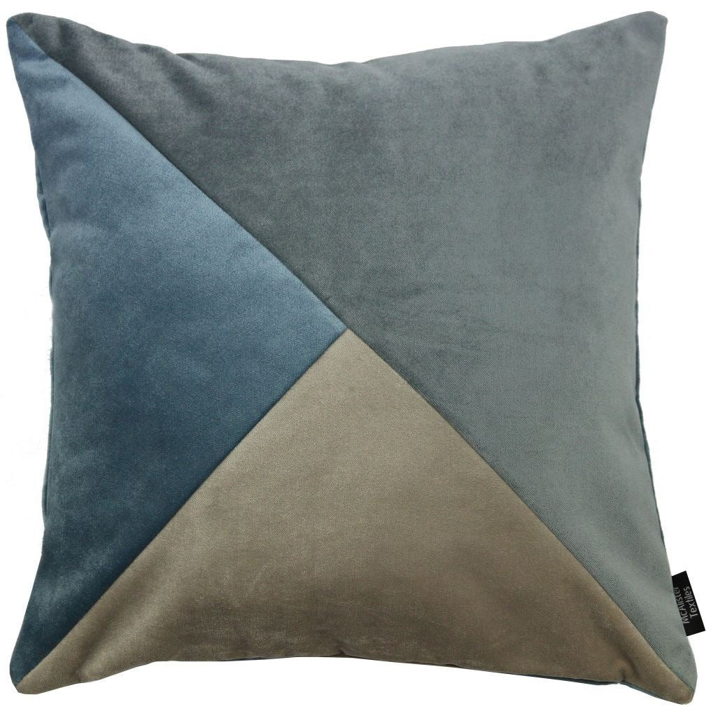 McAlister Textiles Diagonal Patchwork Velvet Blue, Gold + Grey Cushion Cushions and Covers Cover Only 43cm x 43cm 