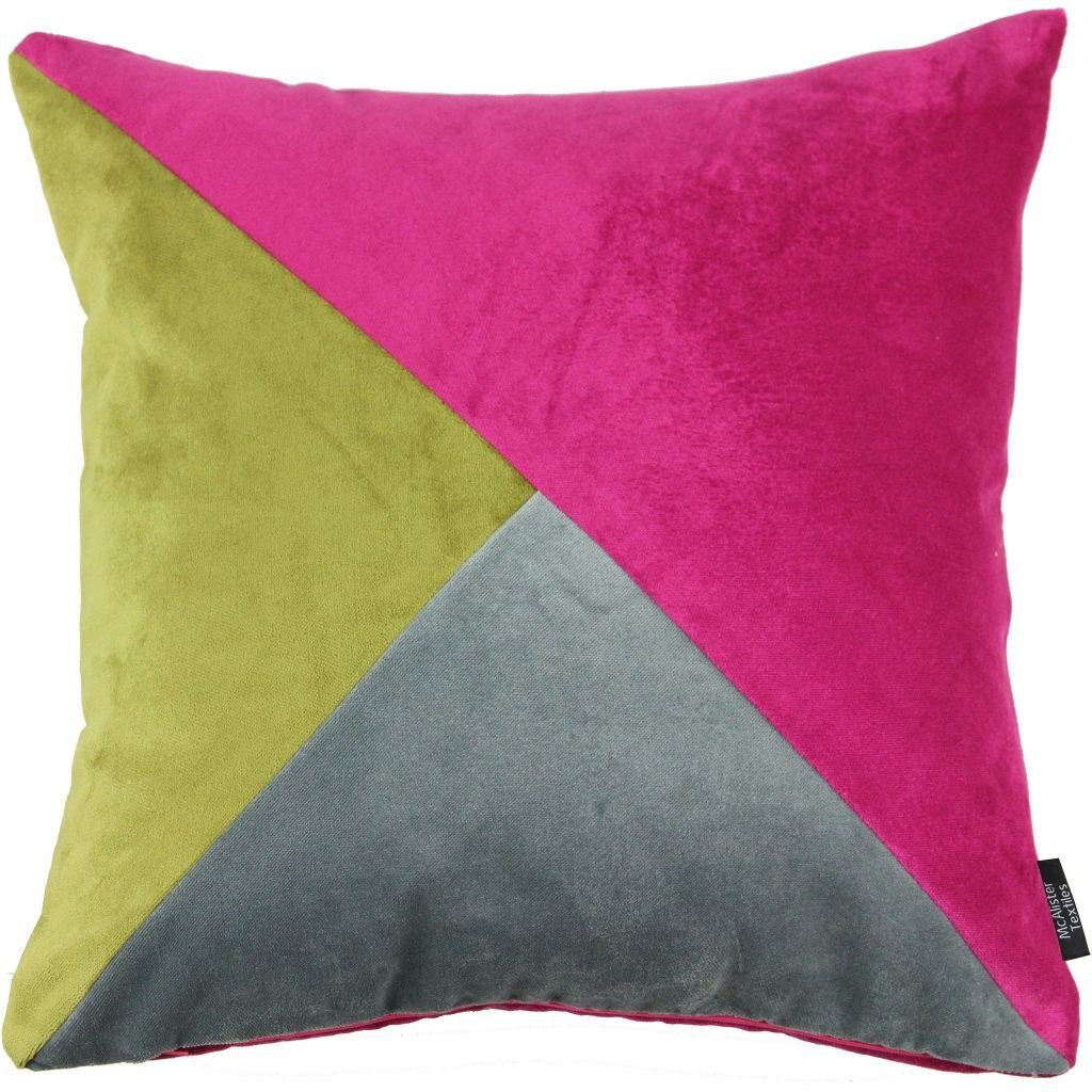 McAlister Textiles Diagonal Patchwork Velvet Pink, Green + Grey Cushion Cushions and Covers Cover Only 43cm x 43cm 