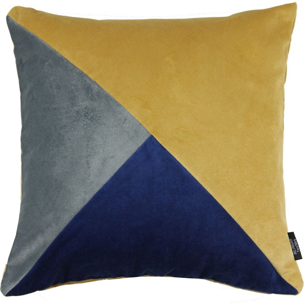 McAlister Textiles Diagonal Patchwork Velvet Navy, Yellow + Grey Cushion Cushions and Covers Cover Only 43cm x 43cm 
