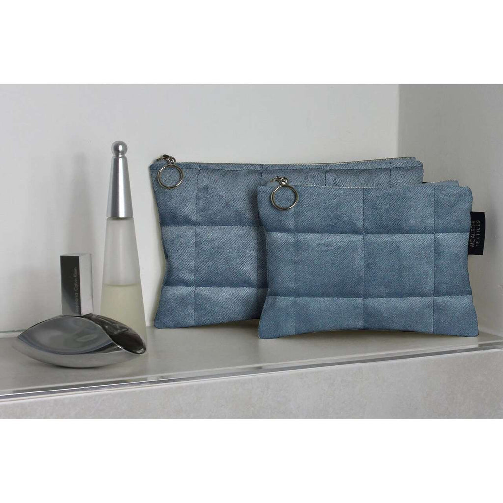 McAlister Textiles Square Pattern Blue Velvet Makeup Bag Set Clutch Bag 