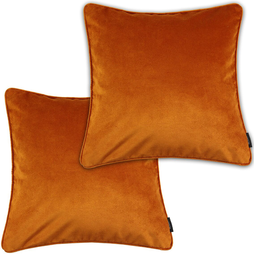 McAlister Textiles Matt Burnt Orange Velvet 43cm x 43cm Piped Cushion Sets Cushions and Covers Cushion Covers Set of 2 
