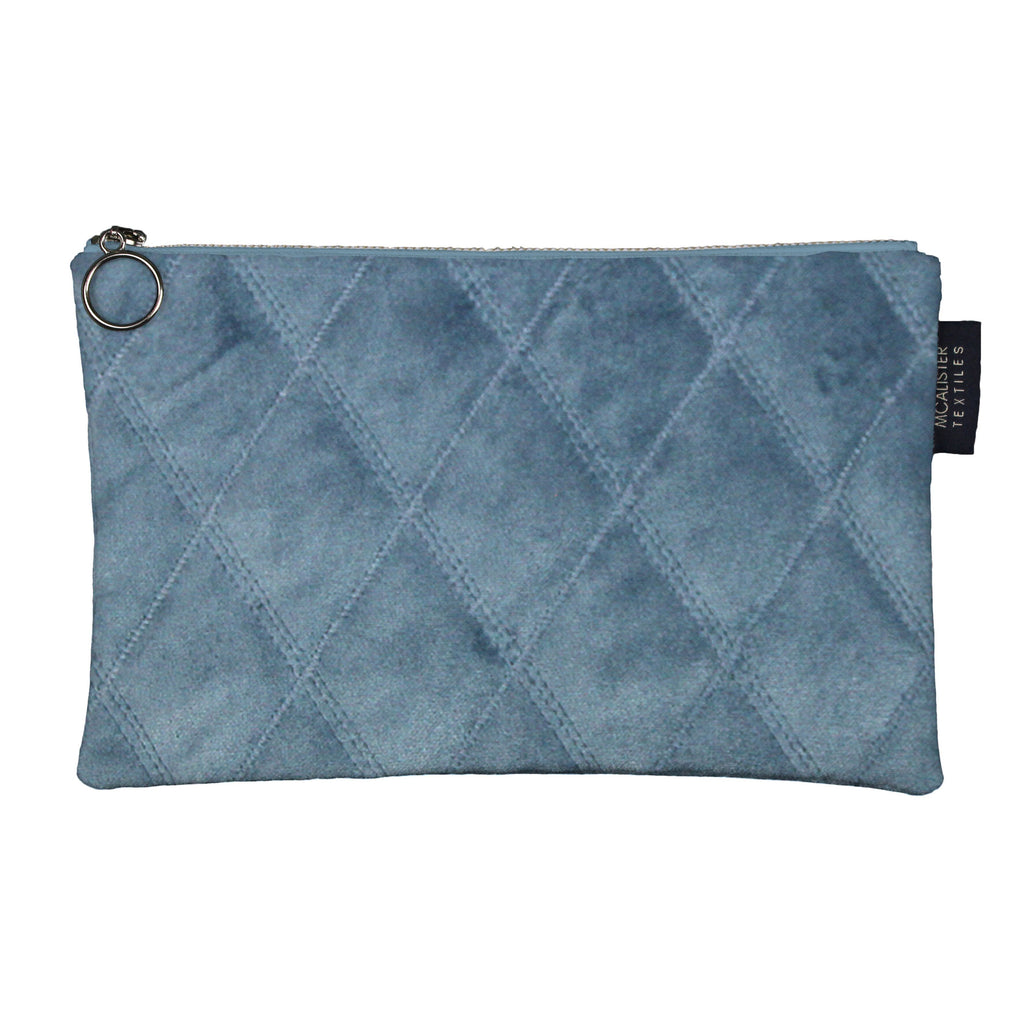 McAlister Textiles Diamond Pattern Blue Velvet Makeup Bag - Large Clutch Bag 
