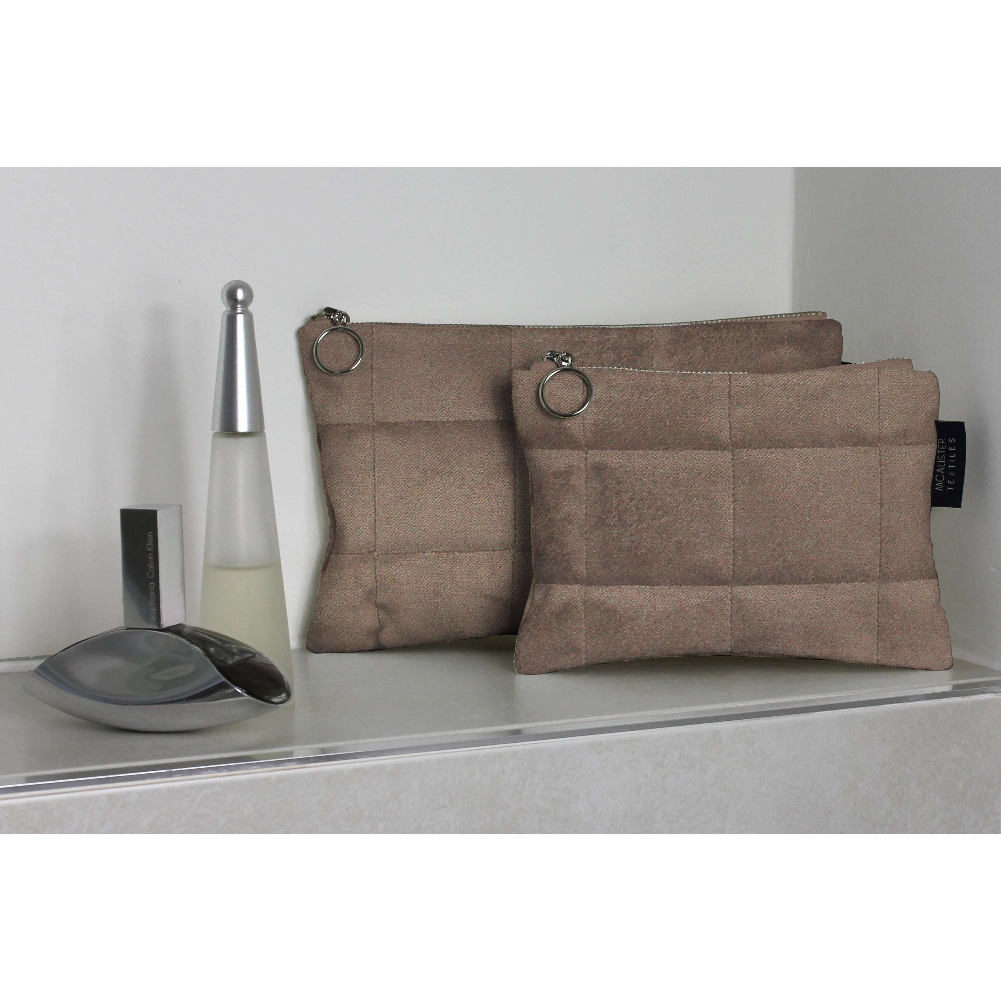 McAlister Textiles Square Pattern Mocha Velvet Makeup Bag Set Clutch Bag 